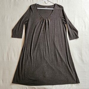 Eileen Fisher Brown Beaded V-Neck 3/4 Sleeve Viscose Jersey Shift Shirt Dress XL